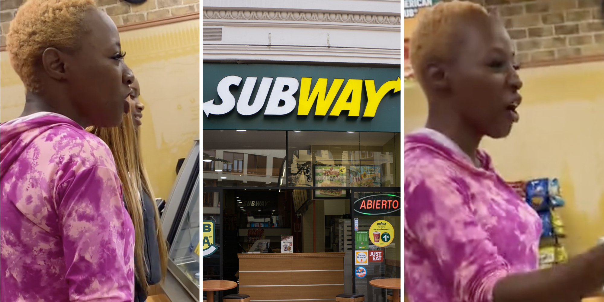 Woman talking(l+r), Subway storefront(c)