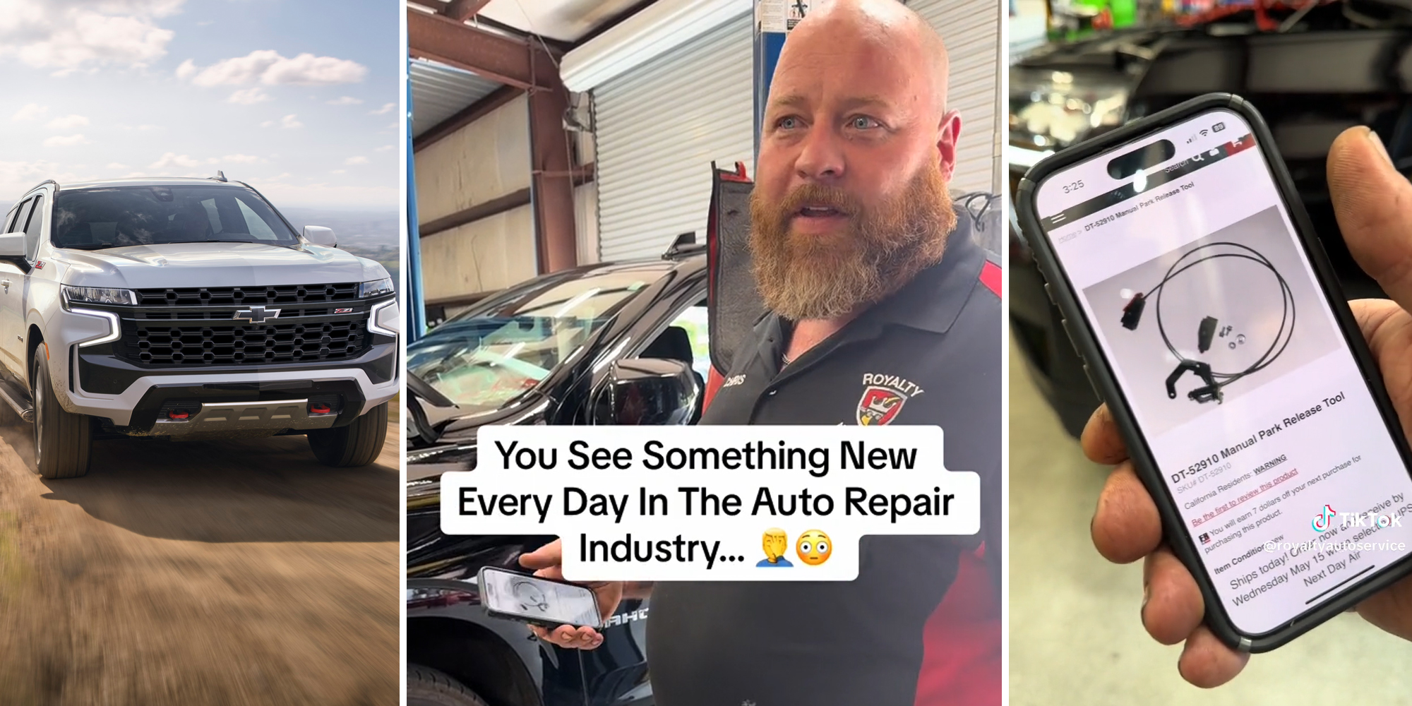 Chevy Tahoe (l) mechanic with caption "You See Something New Every Day In The Auto Repair Industry..." (c) hand holding product page for neutral tool (r)