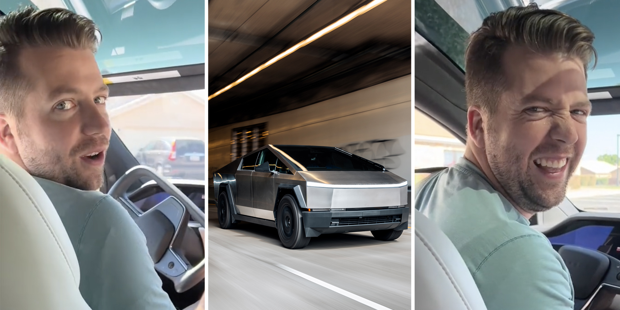 Man talking in front seat(l+r), Tesla driving(c)