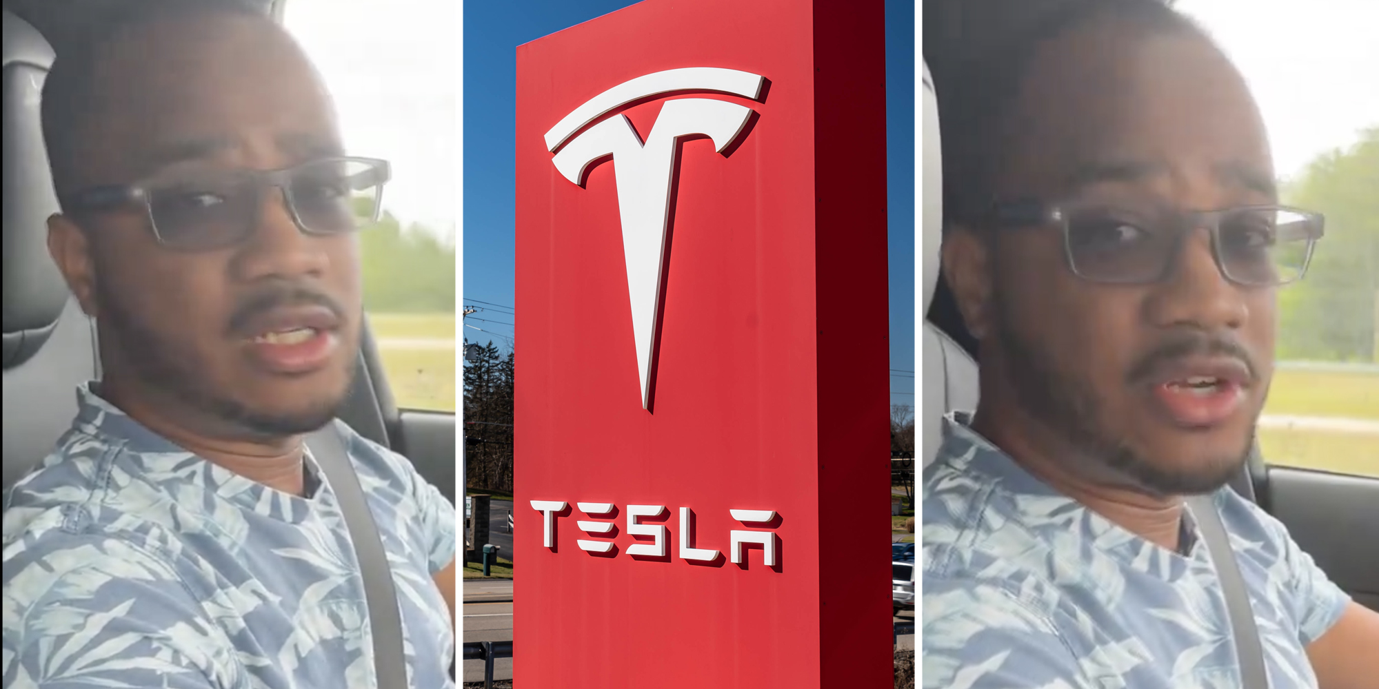 Man talking(L+r), Tesla sign(c)