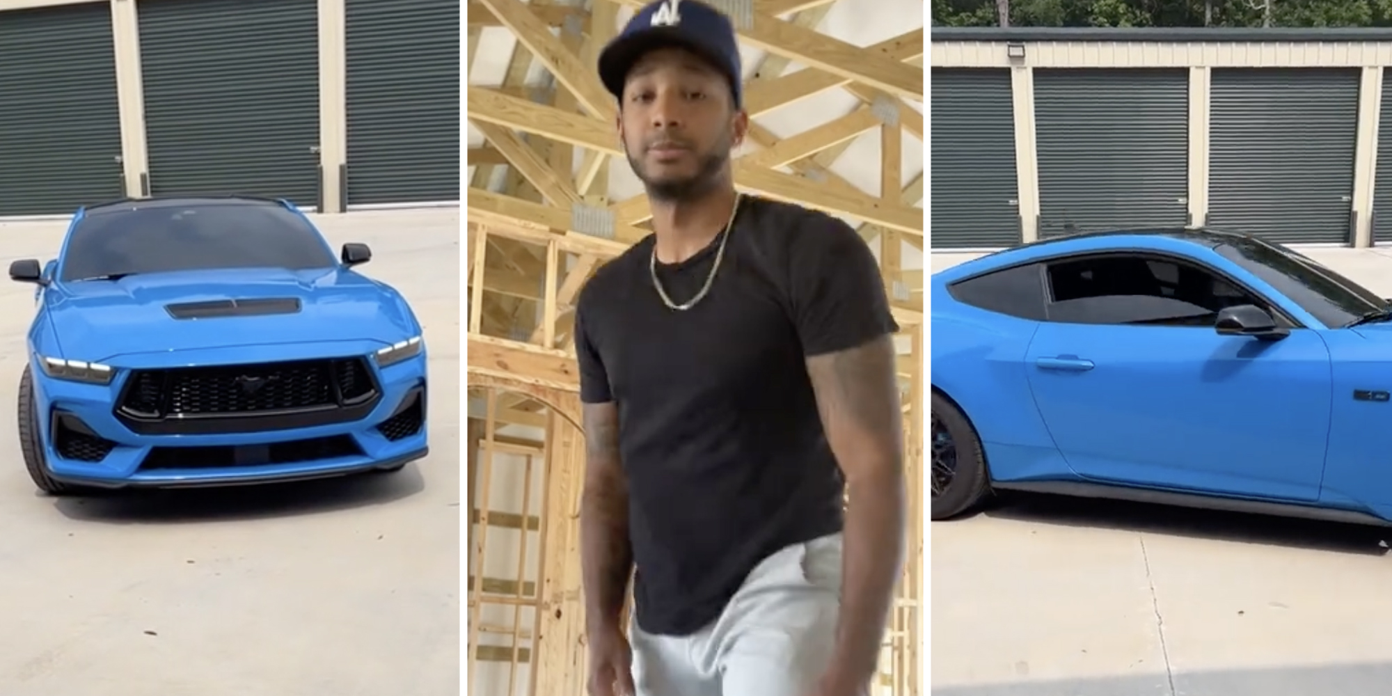 Blue car(l), Man talking(c), Car window rolled down(r)