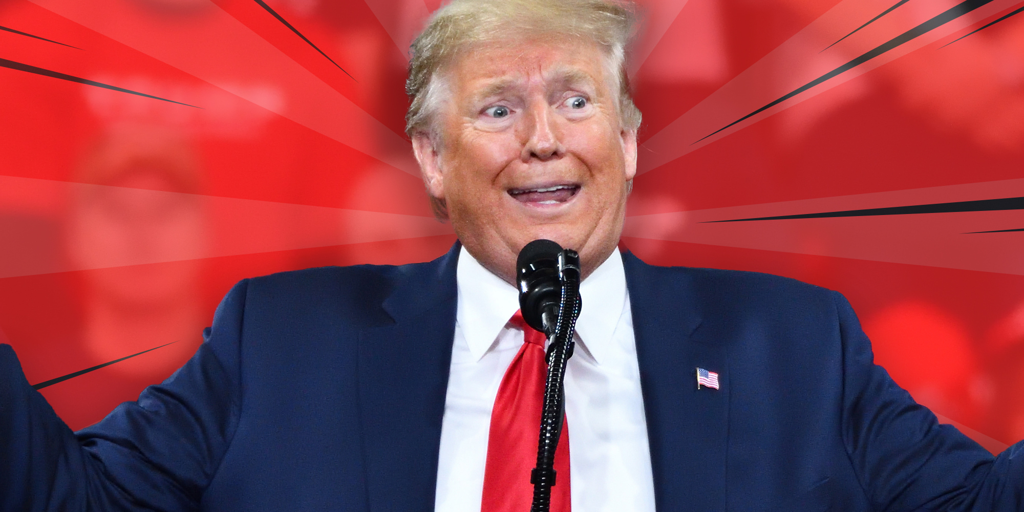 President Donald Trump gestures in total shock during a campaign rally at the Giant Center.