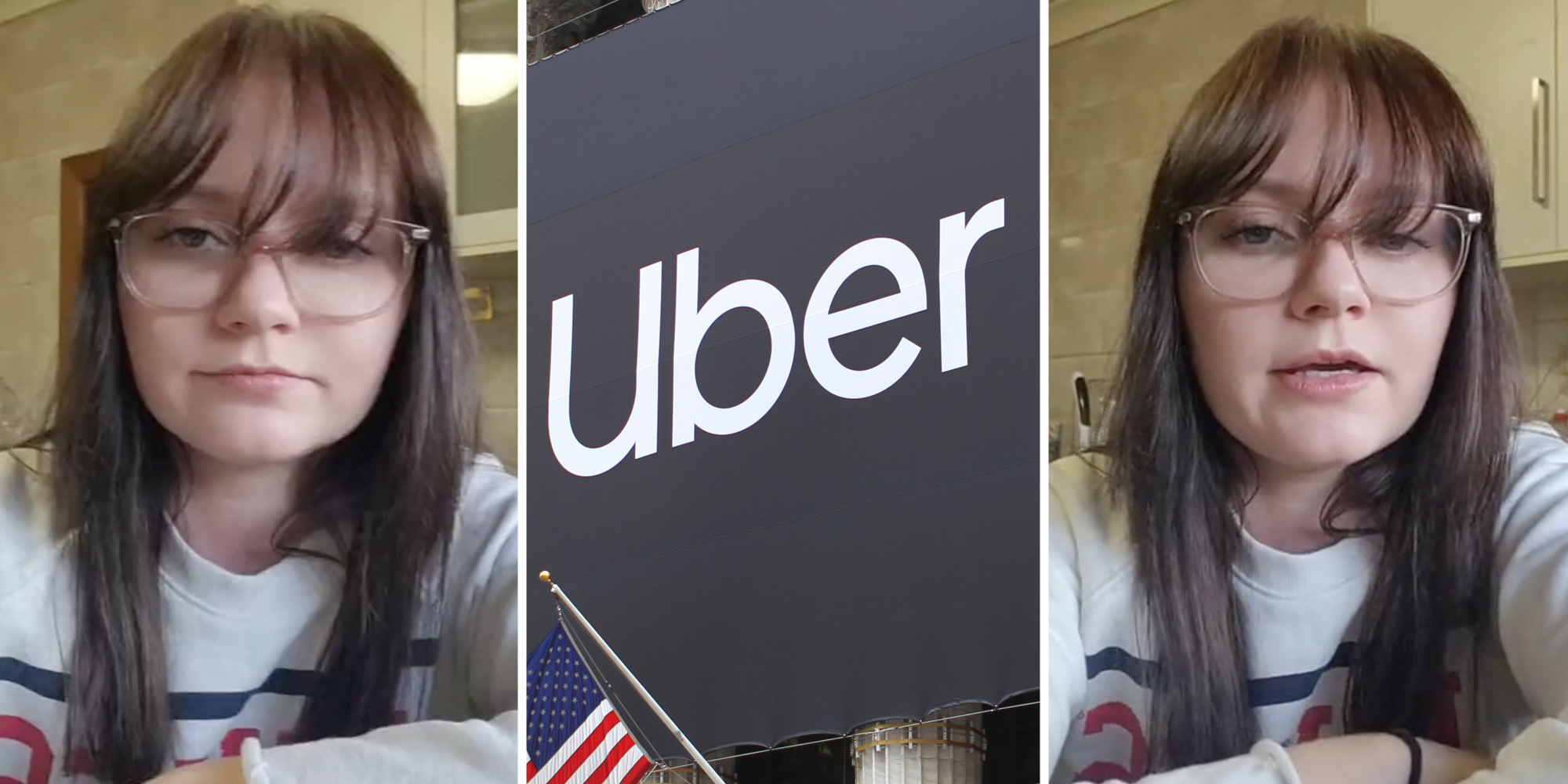 Woman talking(L+r), Uber banner(c)