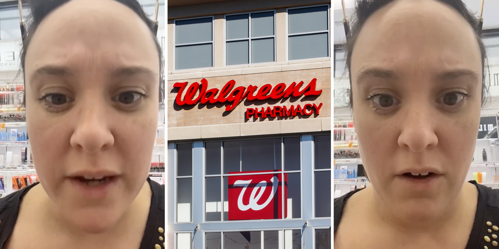 Woman talking(l+r), Walgreens store(c)