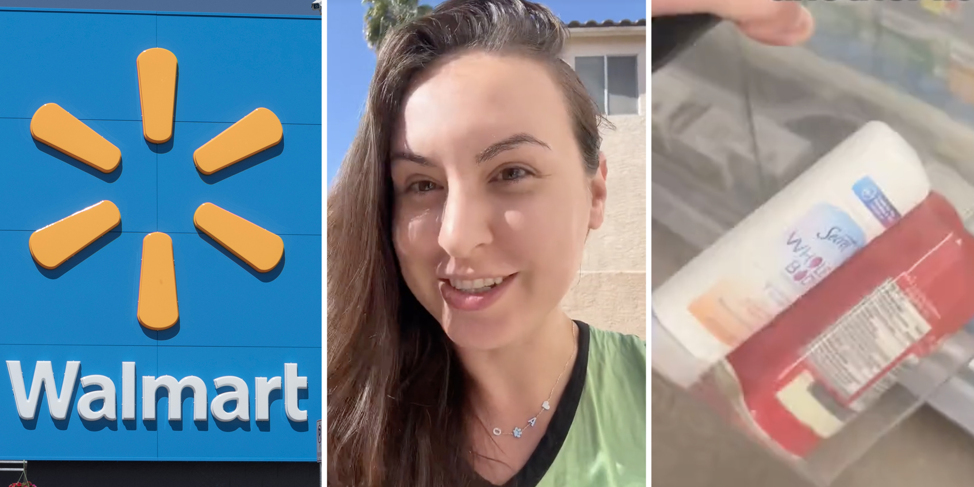 Walmart storefront(l), Woman talking(c), Items in a box(r)