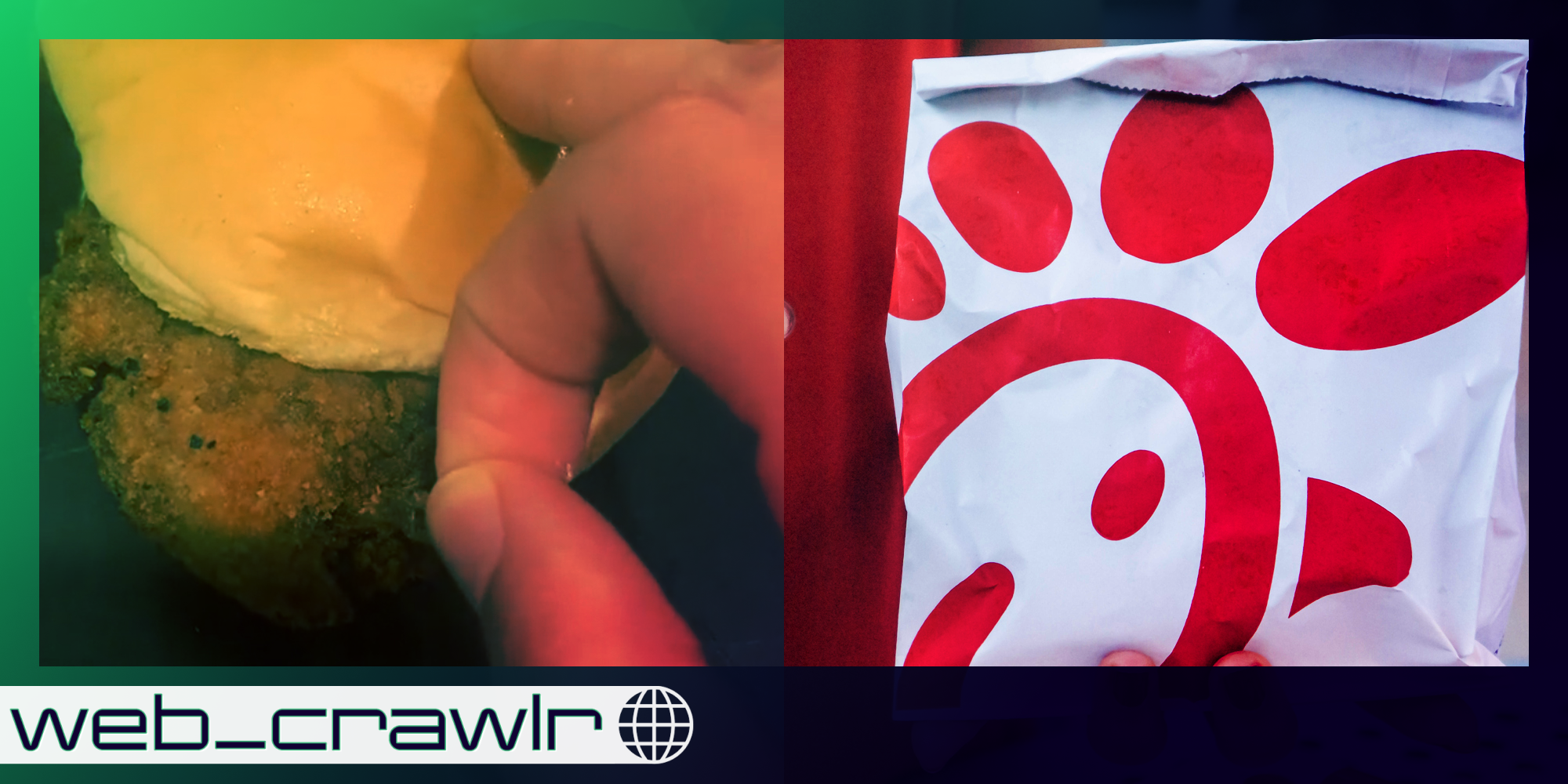 A person poking at a chicken sandwich next to a Chic-fil-A bag. The Daily Dot newsletter web_crawlr logo is in the bottom left corner.