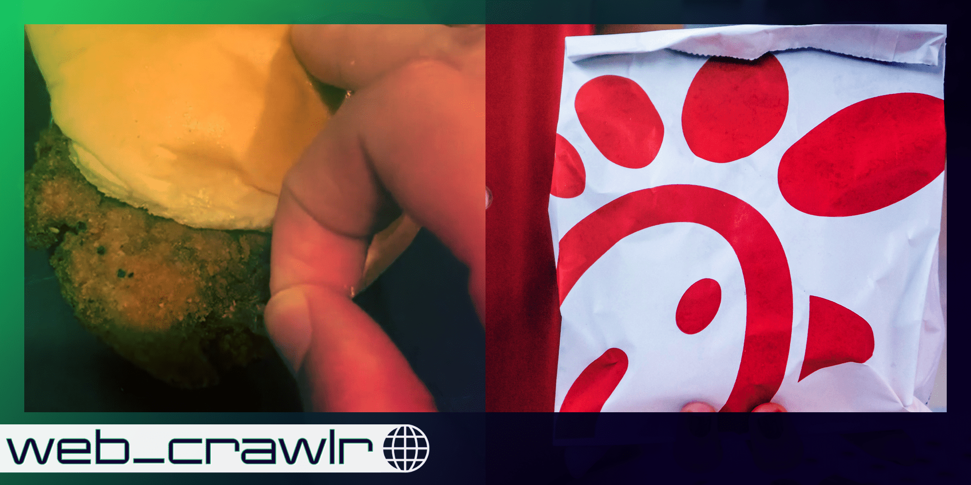 A person poking at a chicken sandwich next to a Chic-fil-A bag. The Daily Dot newsletter web_crawlr logo is in the bottom left corner.