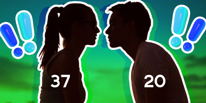 hagmaxxer: Silohuetted couple going in for a kiss where woman says 37 and man says 20