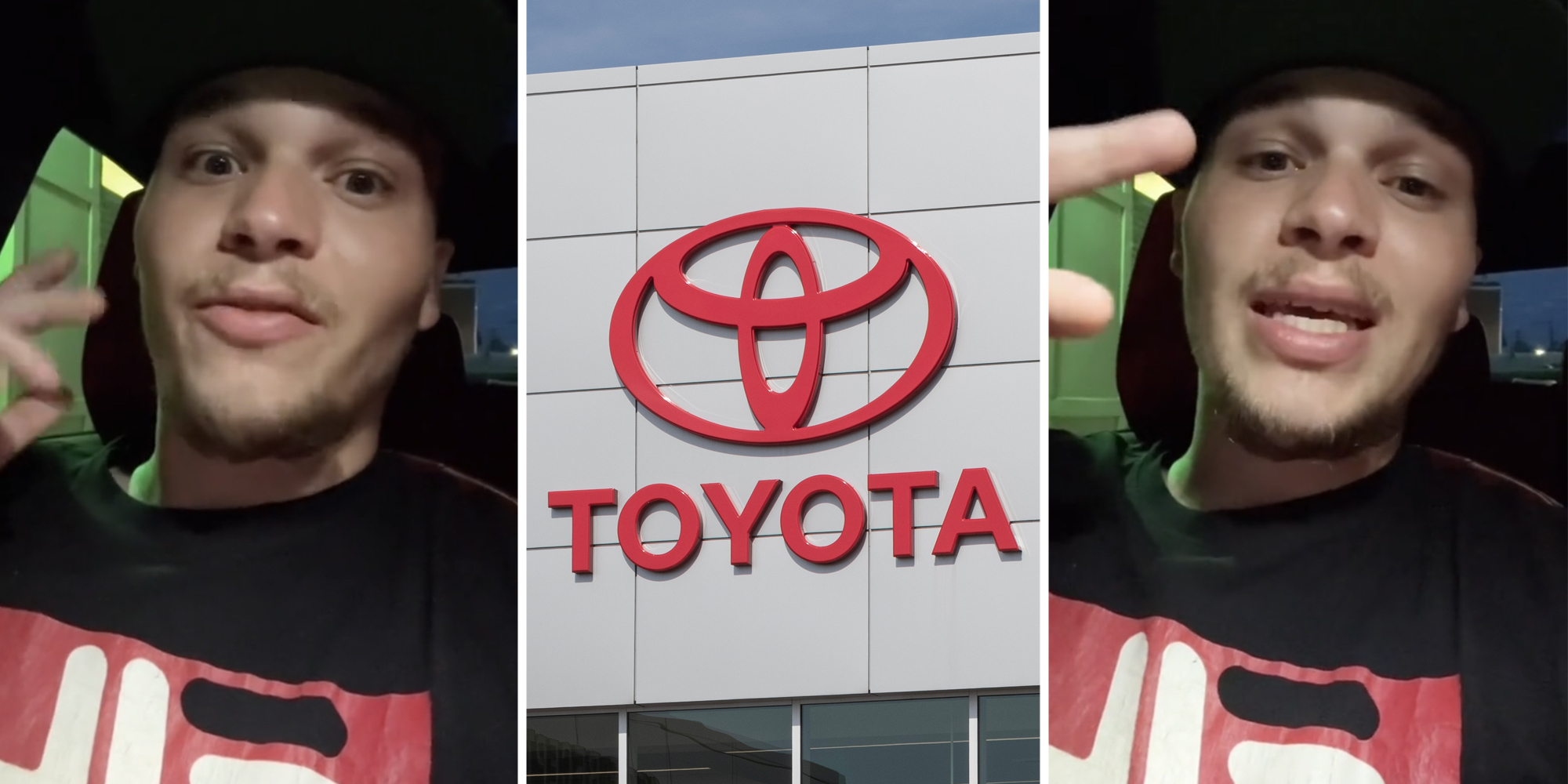 Man talking(l+r), Toyota sign(c)