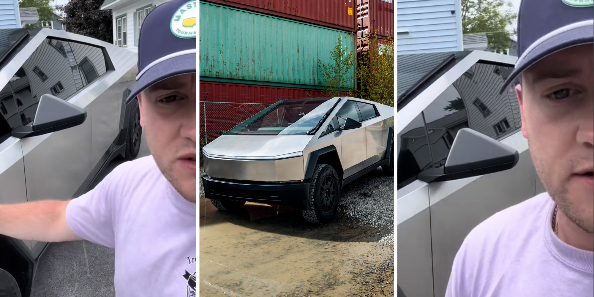 Man talking(l+r), Tesla cybertruck(c)