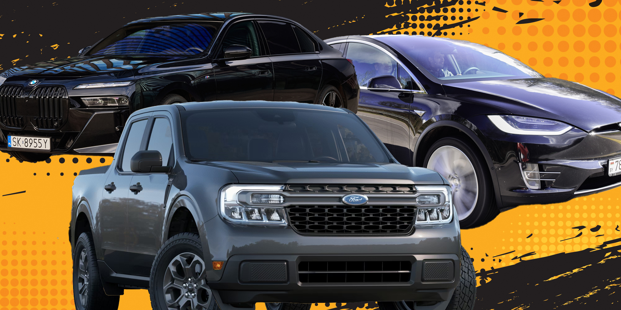 Ford Maverick, Tesla X, BMW over yellow background