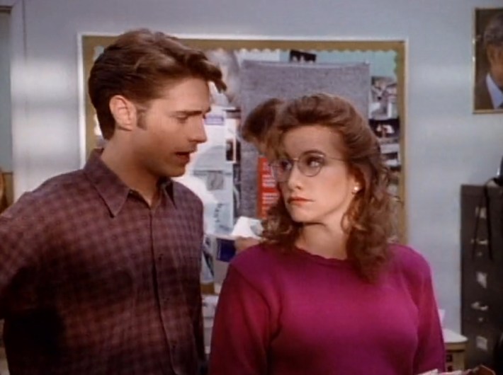 Brandon and Andrea have a tense conversation in "The Blaze" newsroom in an episode of "Beverly Hills, 90210"