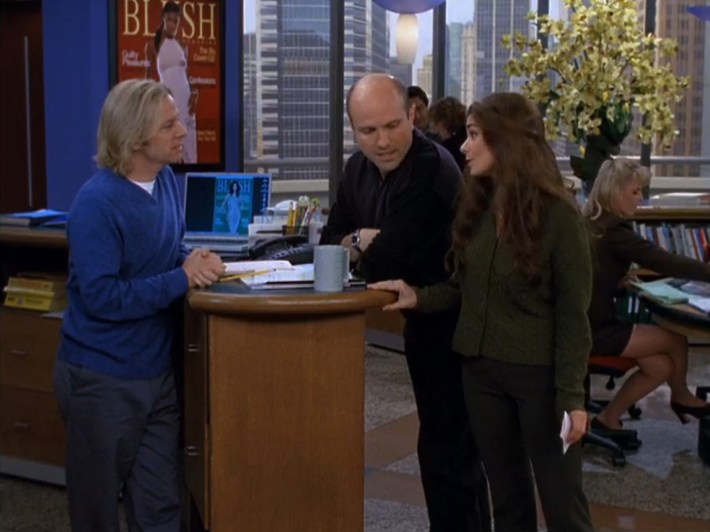 "Just Shoot Me" cast in a scene at Blush Magazine.