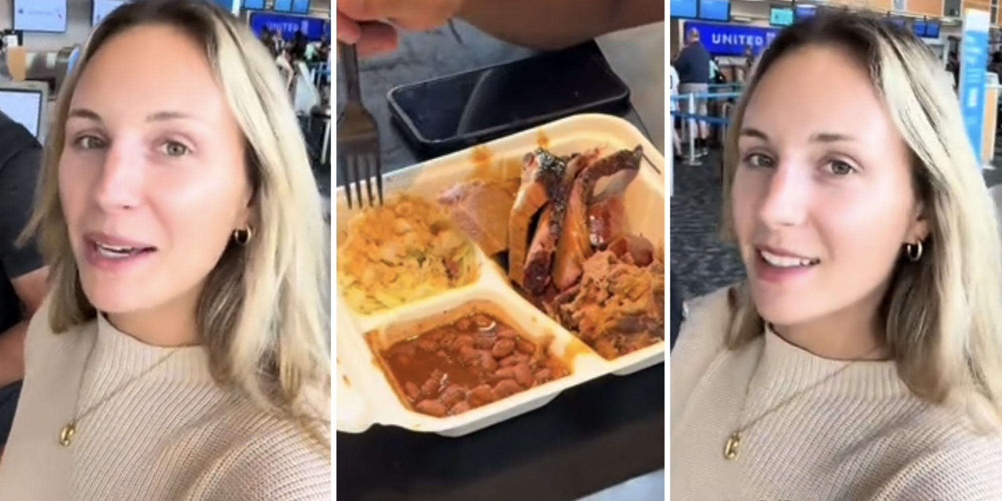 Woman talking(l+r), Food in box(c)