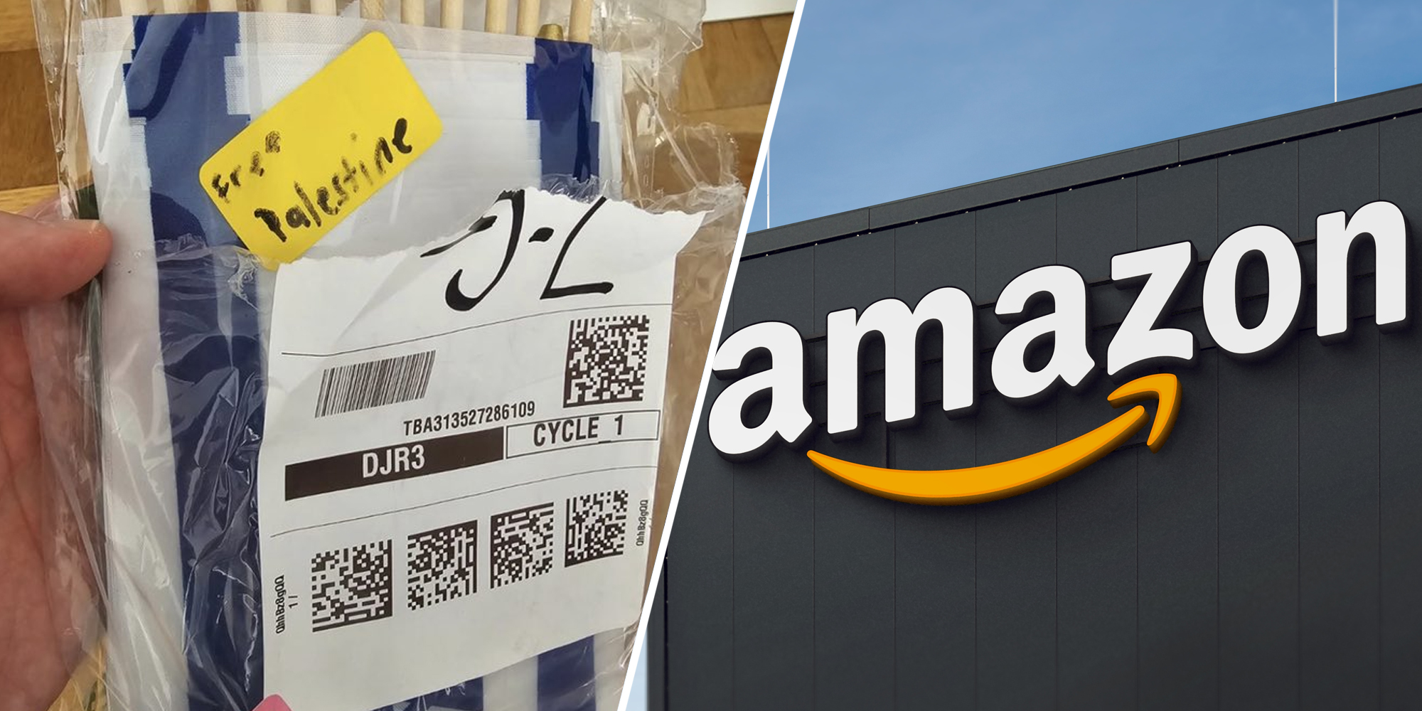 Package with free palestine sticker(l), Amazong HQ (r)