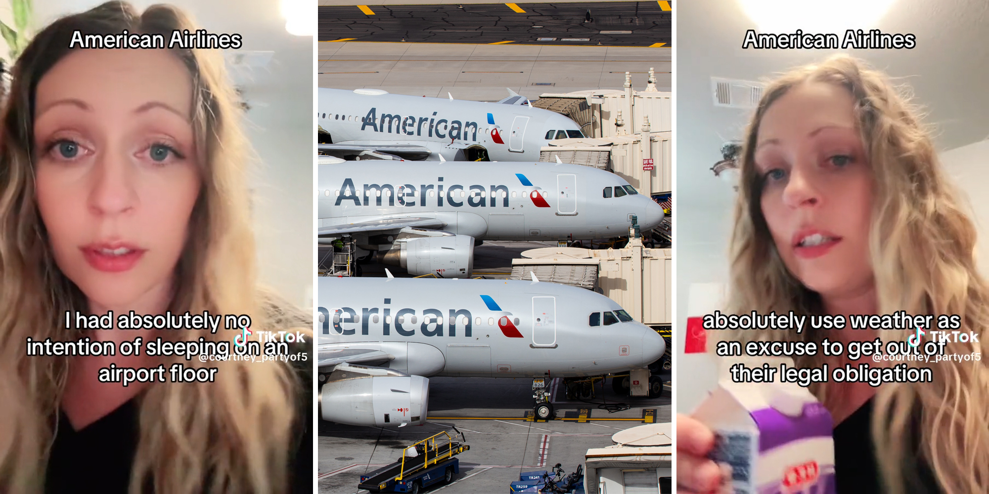 woman with caption "I had absolutely no intention of sleeping on an airport floor" (l) American Airlines planes on tarmac (c) woman holding creamer with caption "American Airlines absolutely use weather as an excuse to get out of their legal obligation" (r)