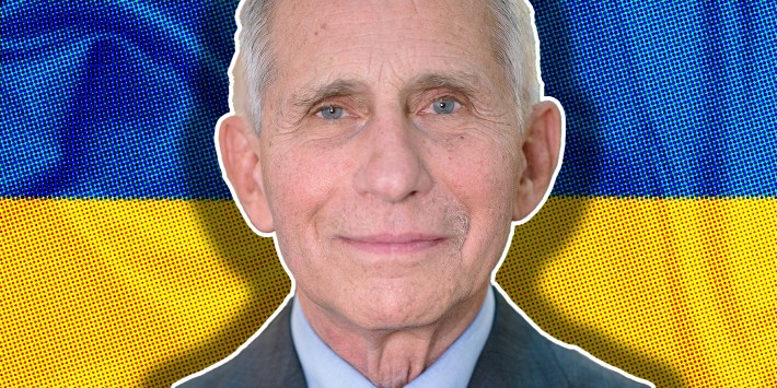 Anthony Fauci over Ukraine flag