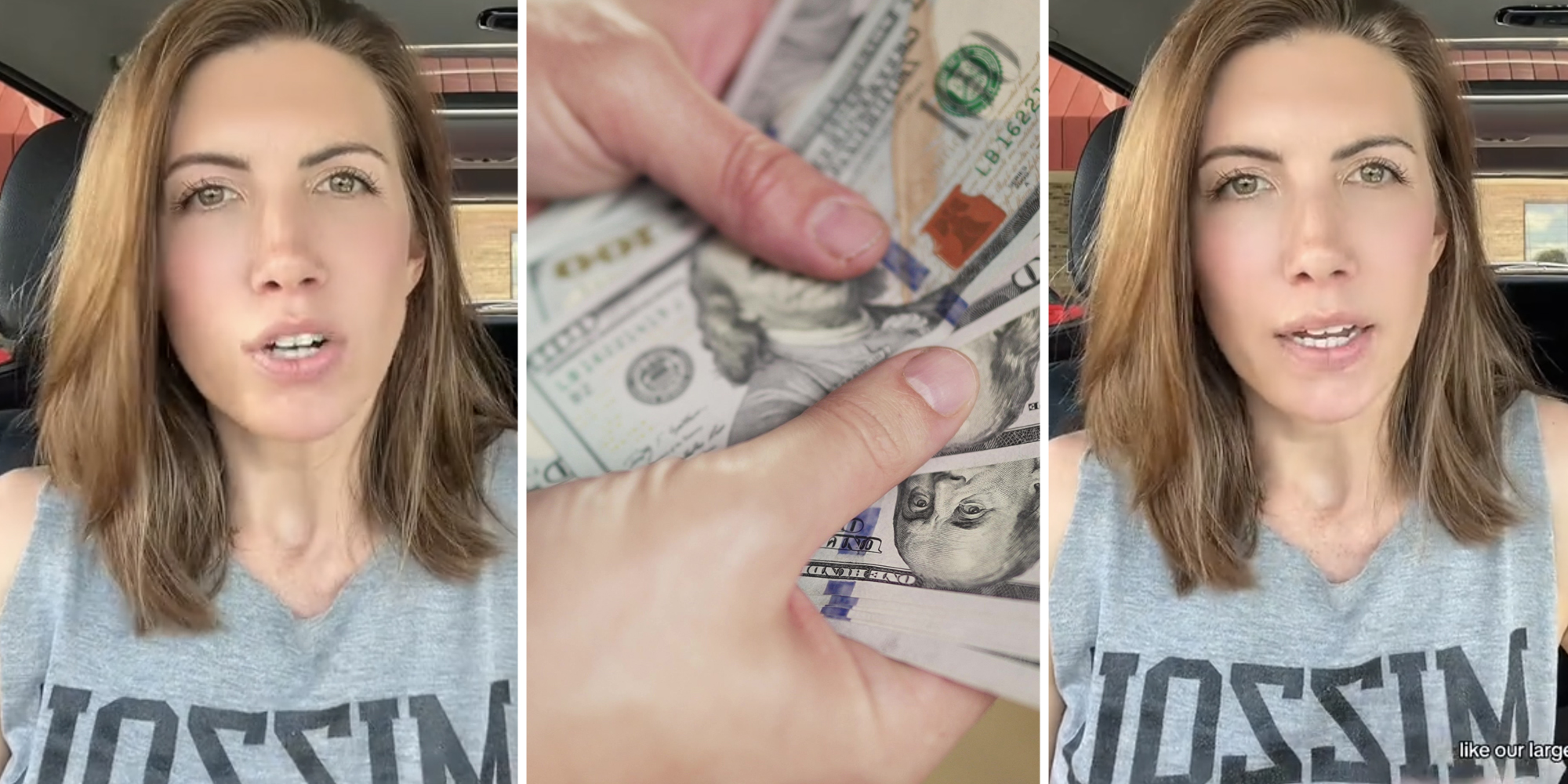 Woman talking(l+r), Hands holding money(c)