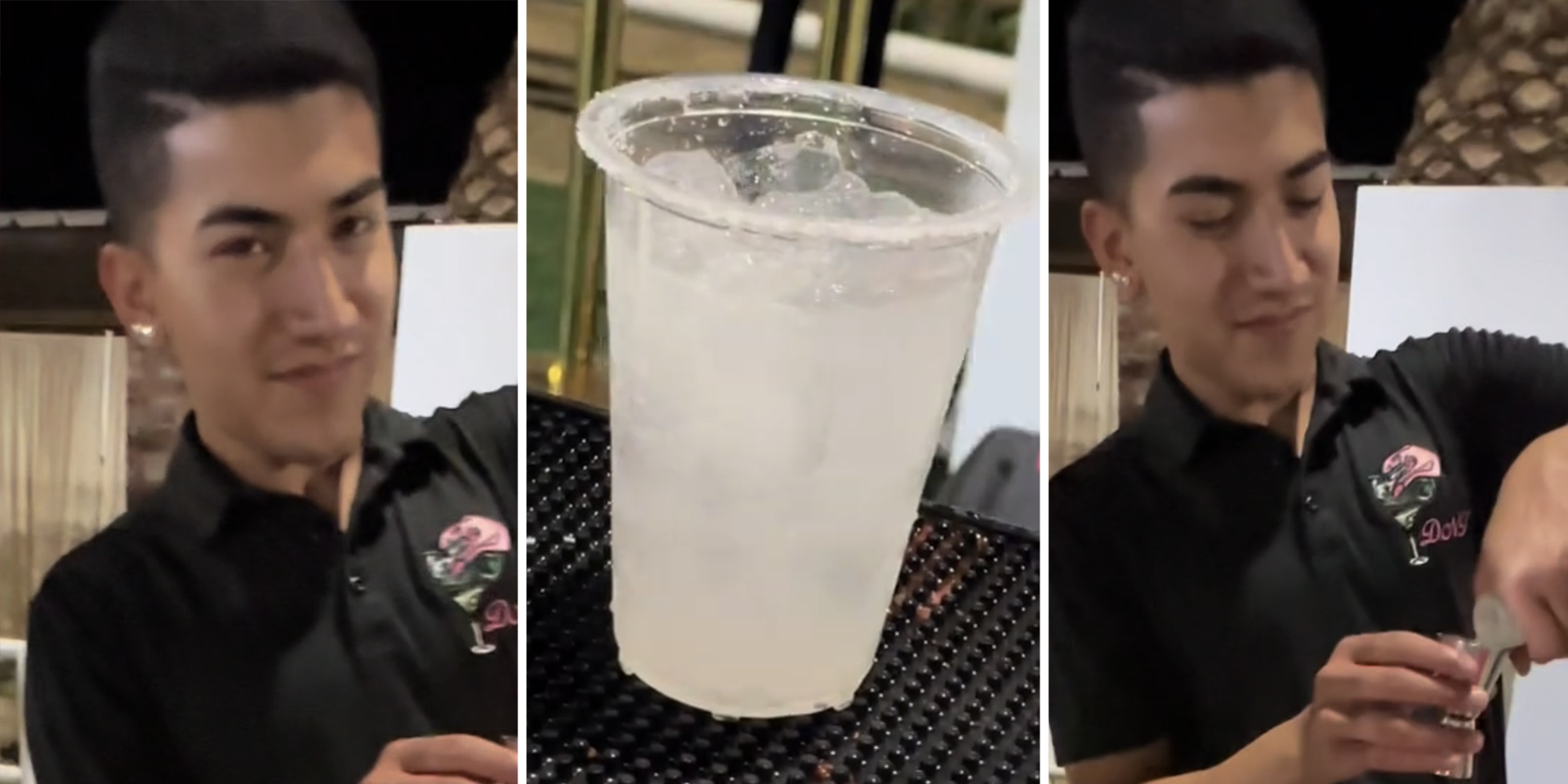 Bartender making drink(l+r), Drink(c)