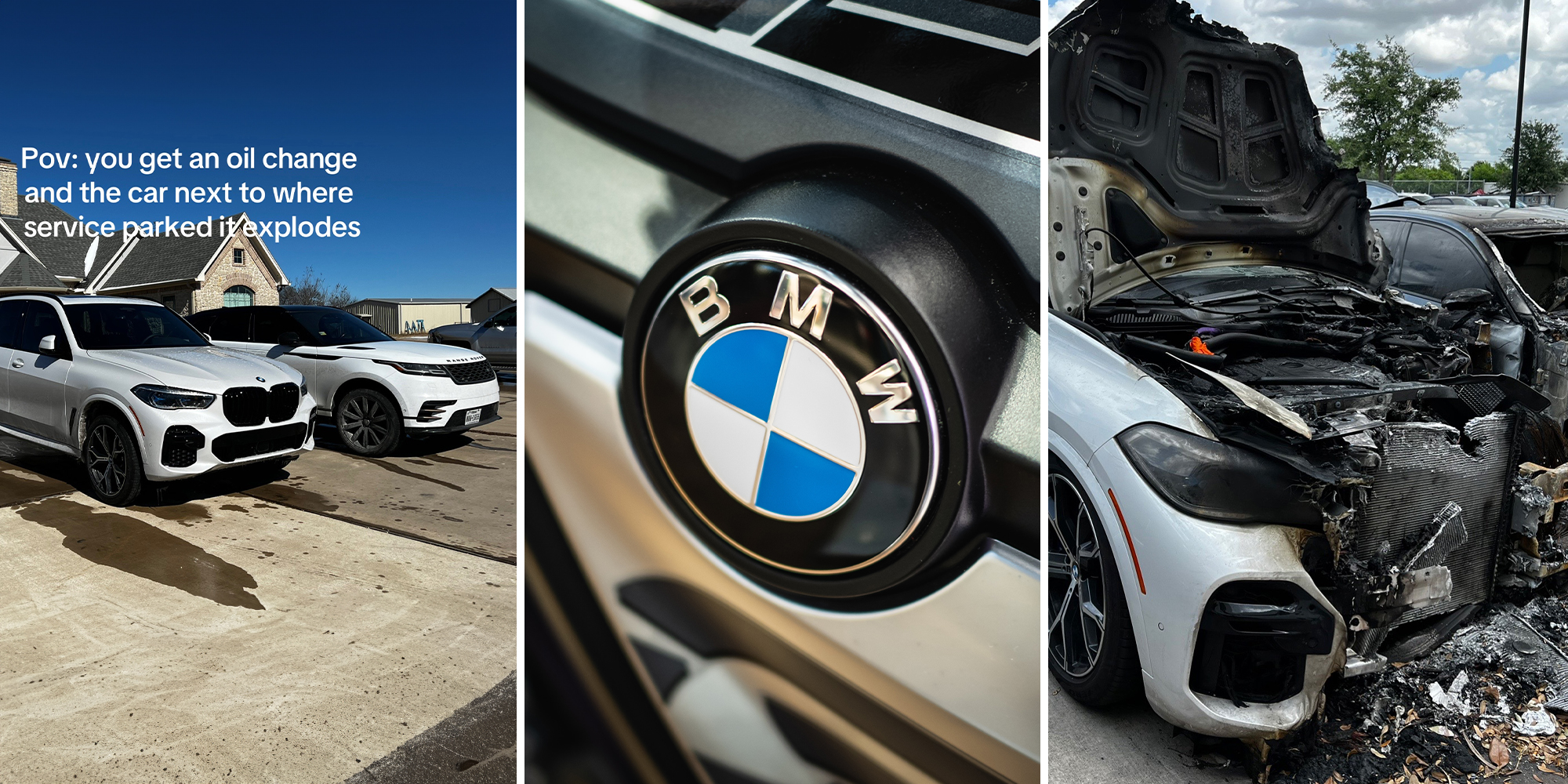 BMW driver goes into auto shop for oil change. Her car was collateral damage after another car exploded