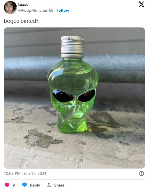 bogos binted with an alien-shaped bottle of tequila