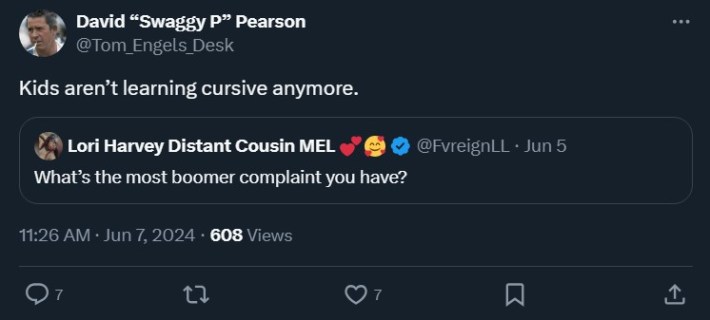 boomer complaint tweet that reads "Kids aren’t learning cursive anymore."
