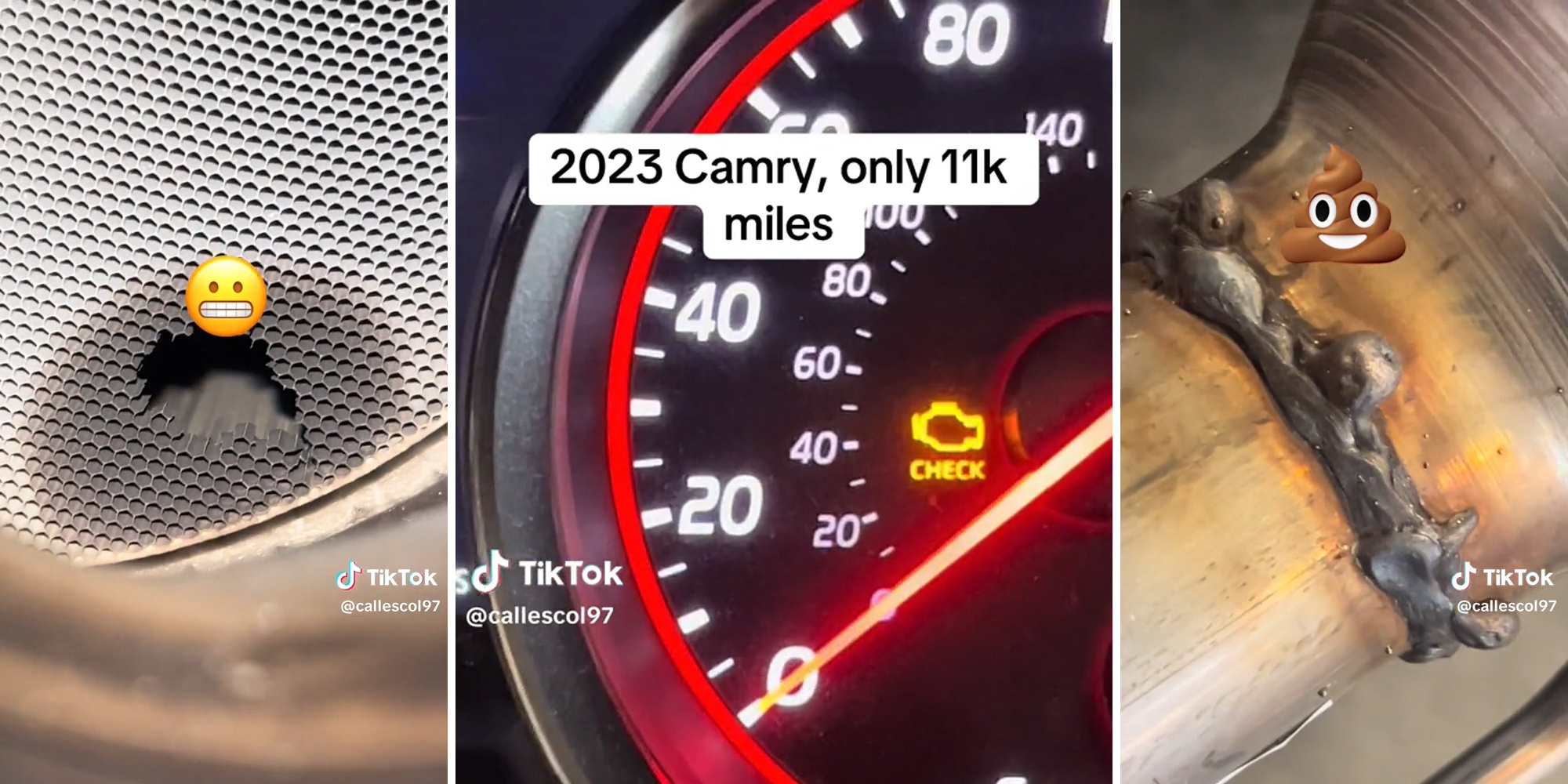 grimace emoji over broken section of car part (l) check engine light with caption "2023 Camry, only 11k miles" (c) poop emoji over sloppy weld work (r)