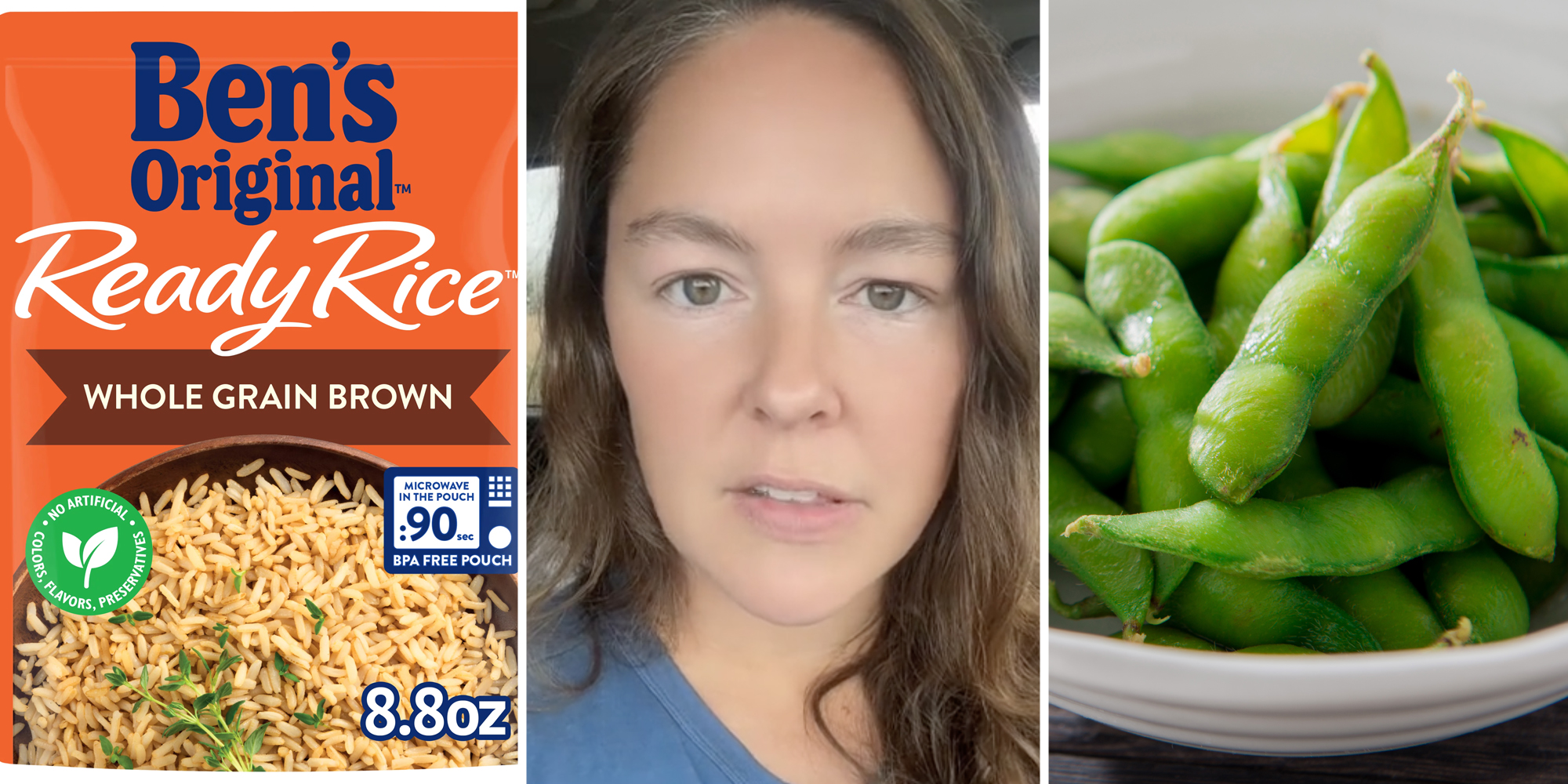Ben's rice(l), Woman talking(c), Edamame(r)