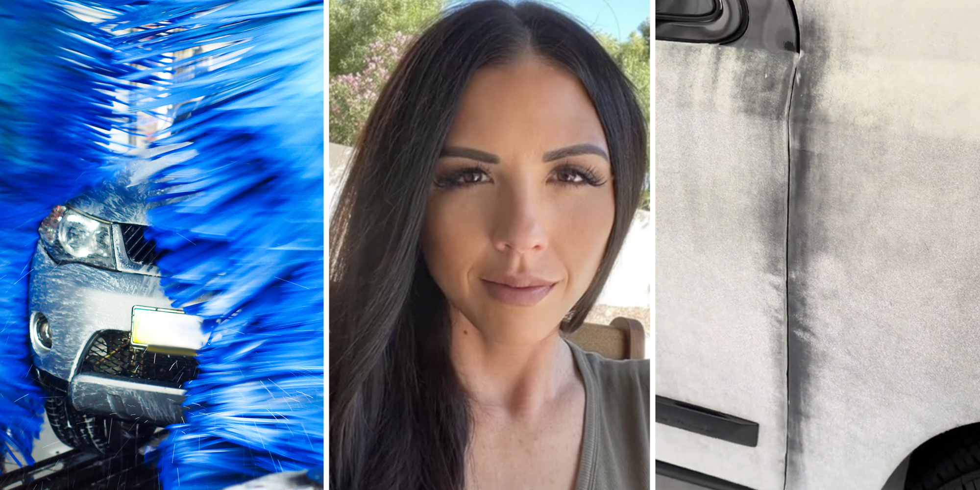 Car Wash(l), Woman(c), Close up of car(r)