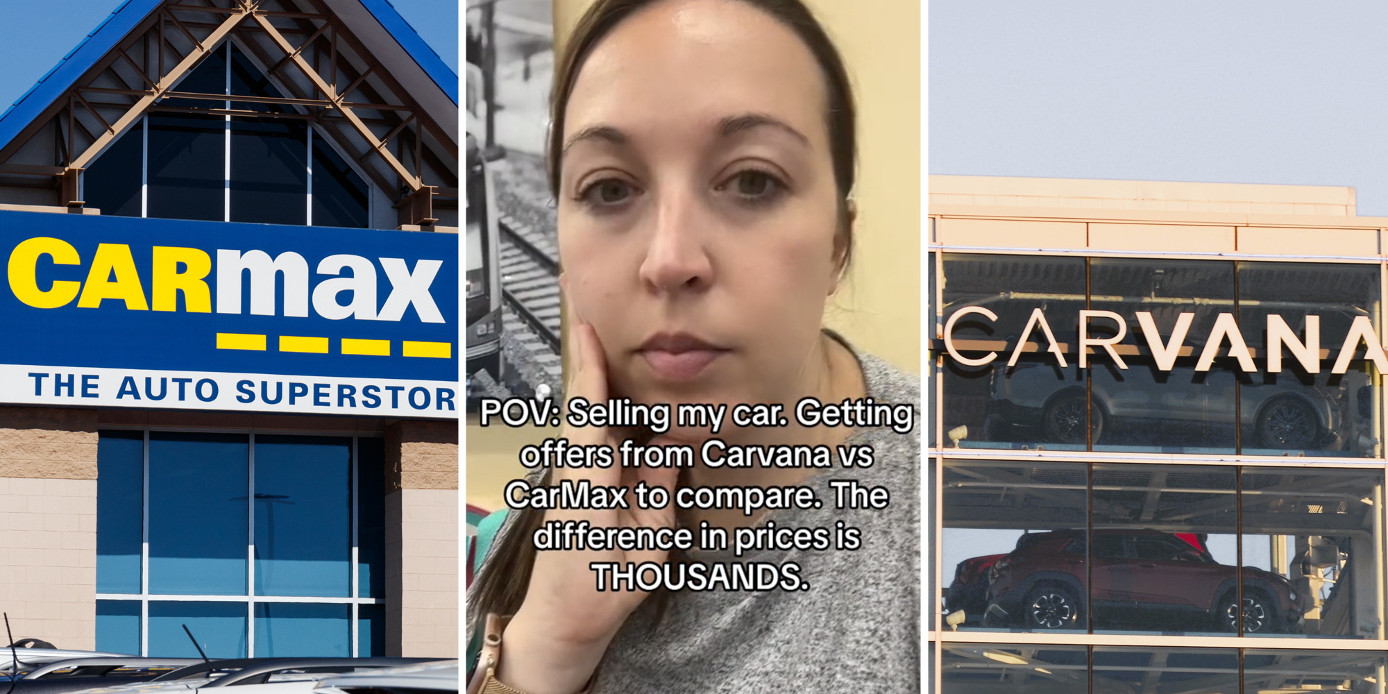Carmax(l), Woman staring at camera(c), Carvana(r)