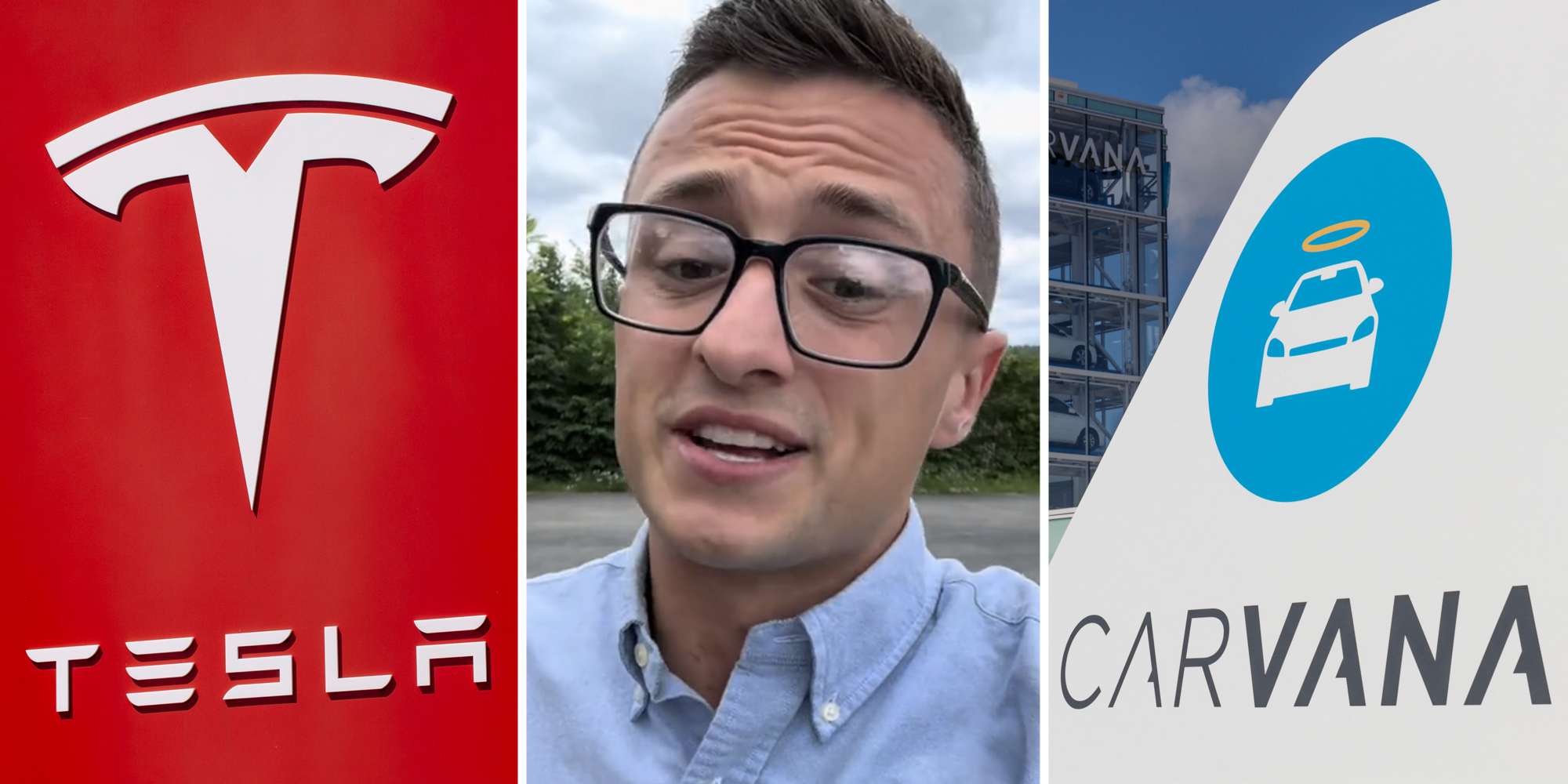 Tesla logo(l), Man talking(c), Carvana(r)