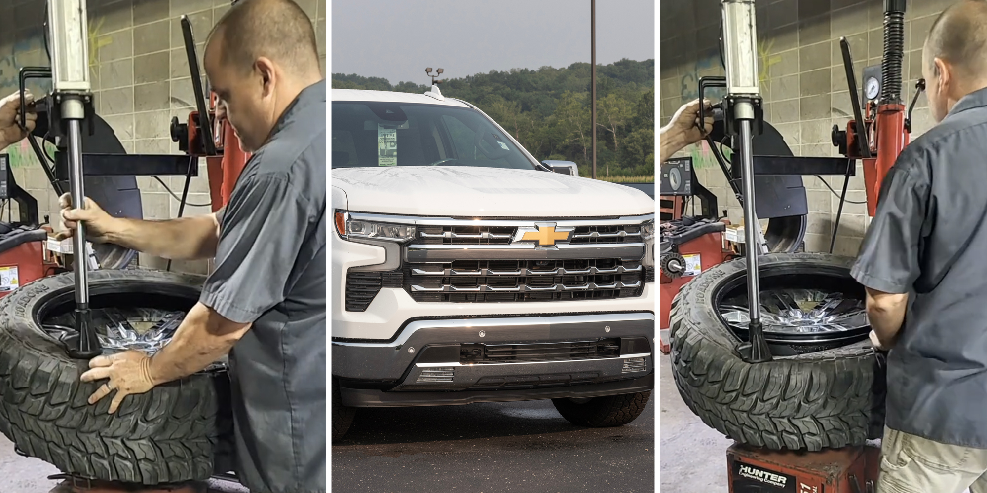 Man working on tire(l+r), Chevy Silverado(c)