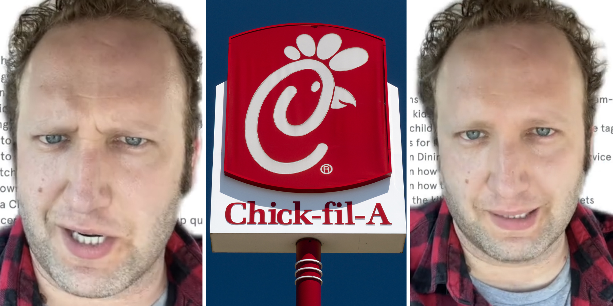 Man talking(l+r), Chick-fil-a sign(c)