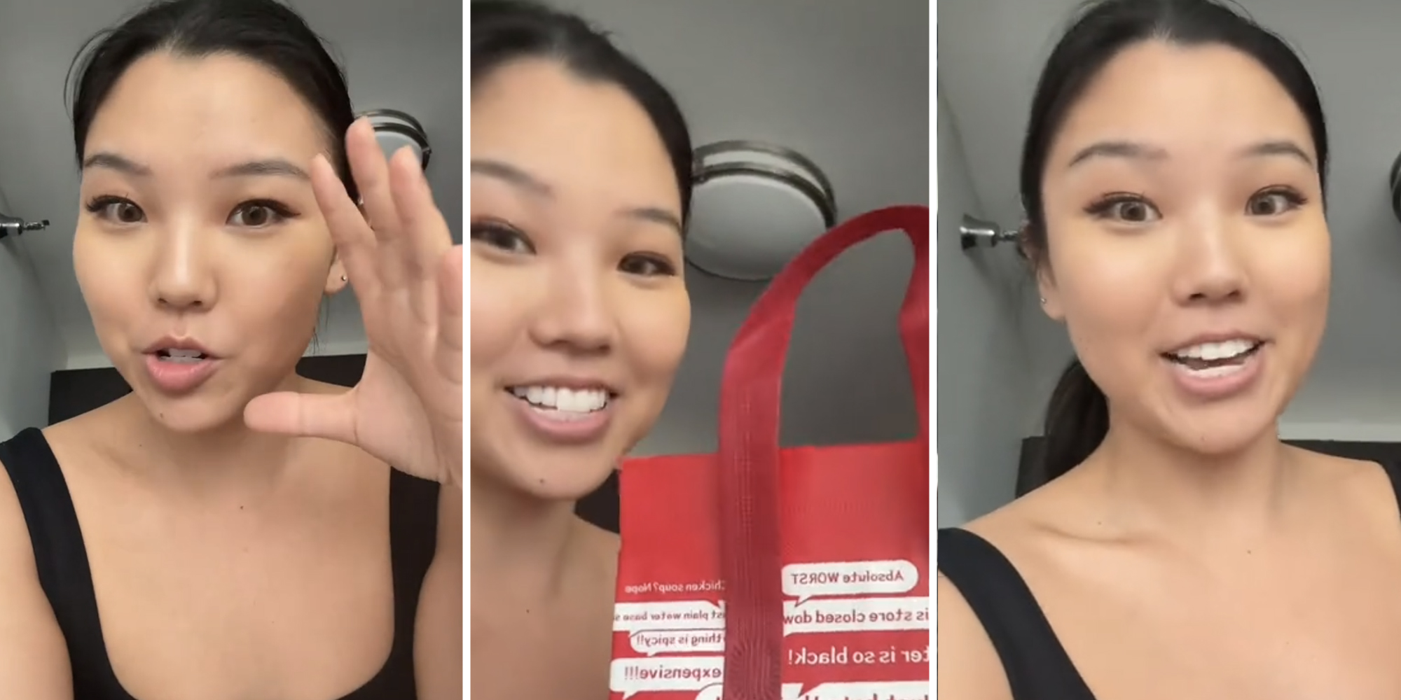 Woman talking(l+r) Woman showing off bag(c)