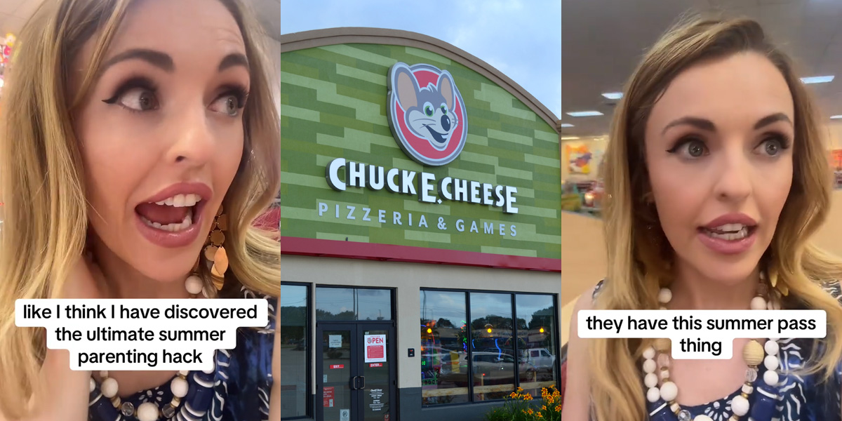 woman speaking with caption "Like I think I have discovered the ultimate summer parenting hack" (l) Chuck E. Cheese (c) woman speaking with caption "they have this summer pass thing" (r)