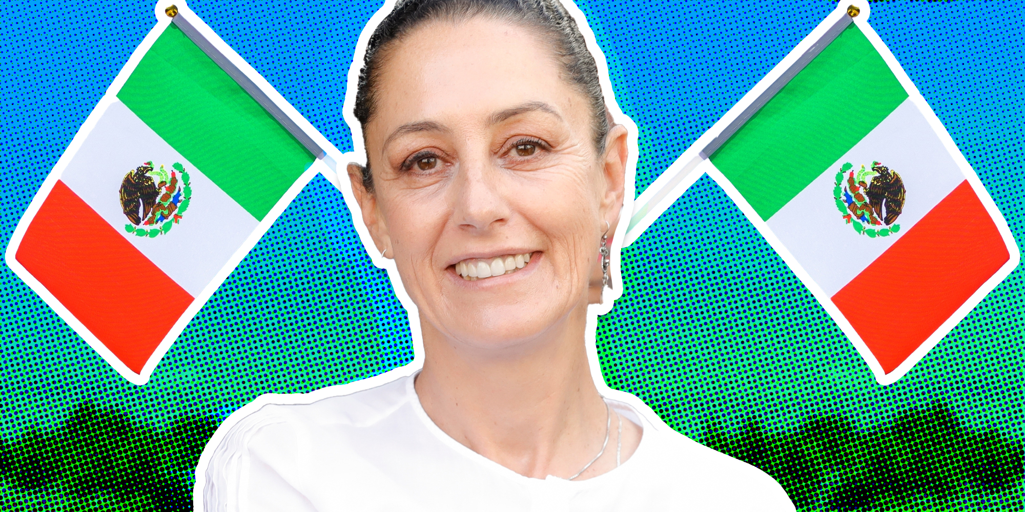 Claudia Sheinbaum in front of mexican flags