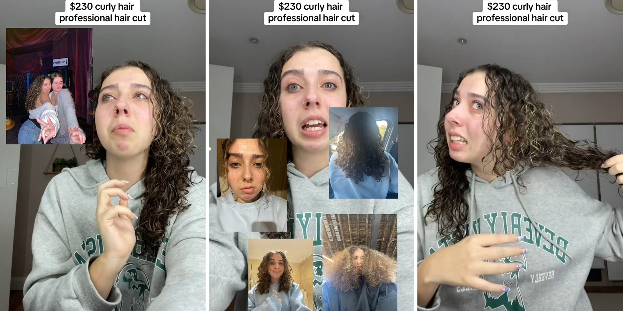 young woman showing pictures before and after "professional" hair cut