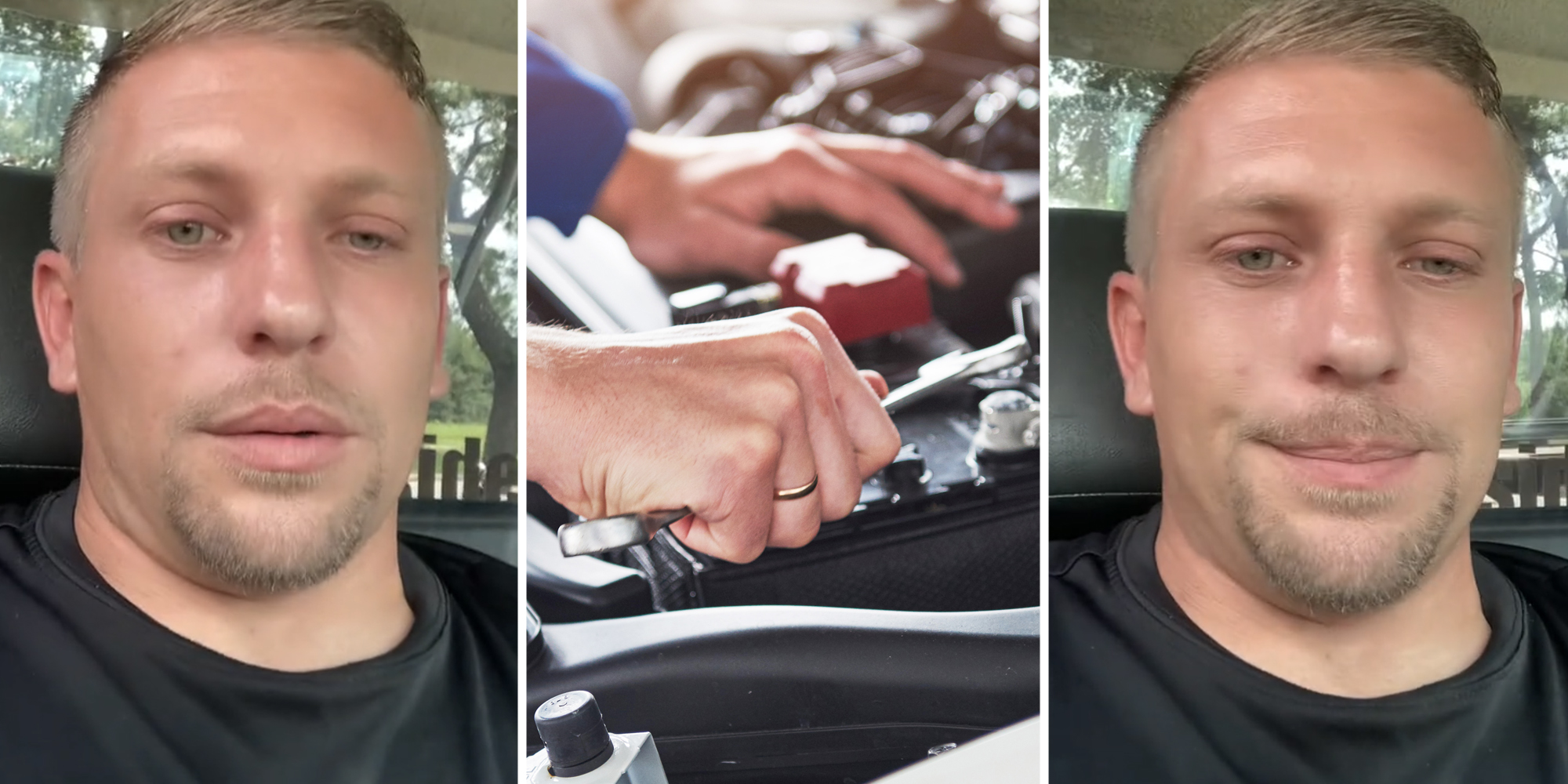 Man talking(L+r), hands working on engine(c)