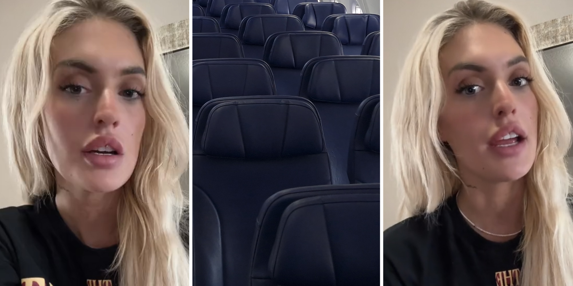Woman talking(l+r), Airplane seats(c)