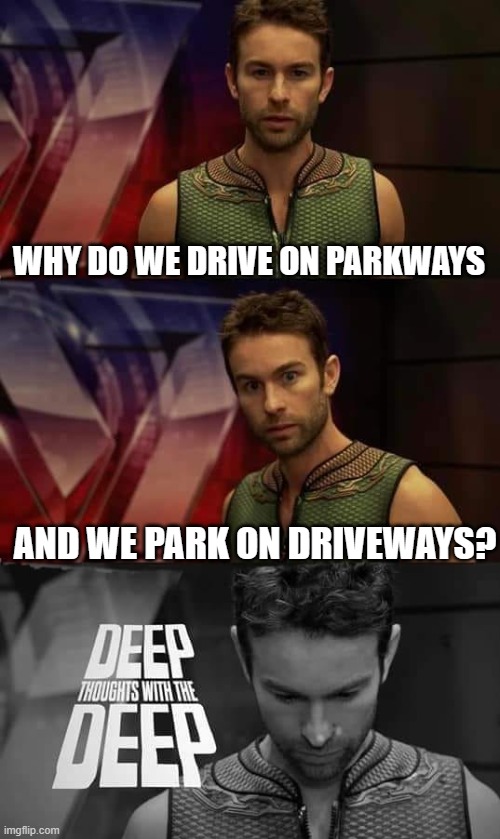 deep thoughts with the deep meme that reads "why do we drive on parkways and we park on driveways?"