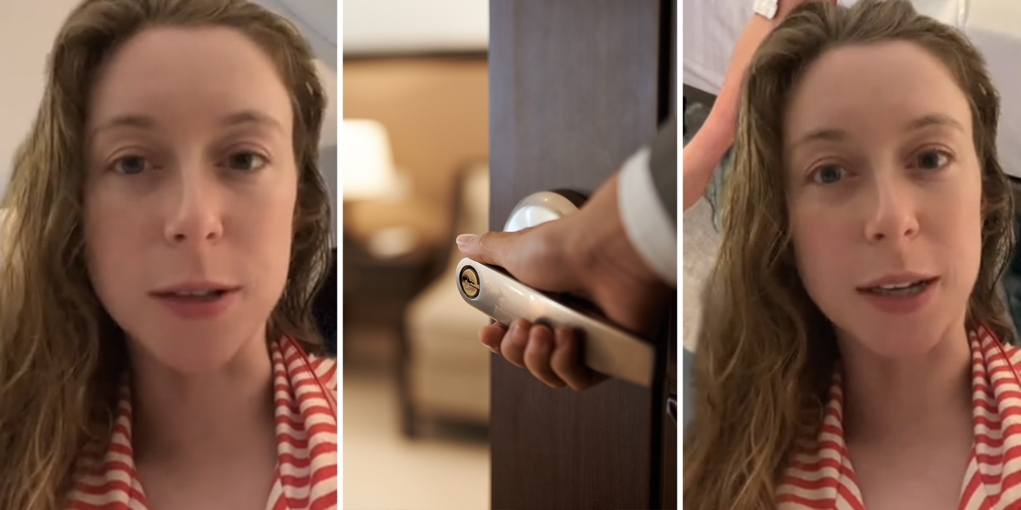 Woman talking(l+r), Hand opening up hotel room(c)