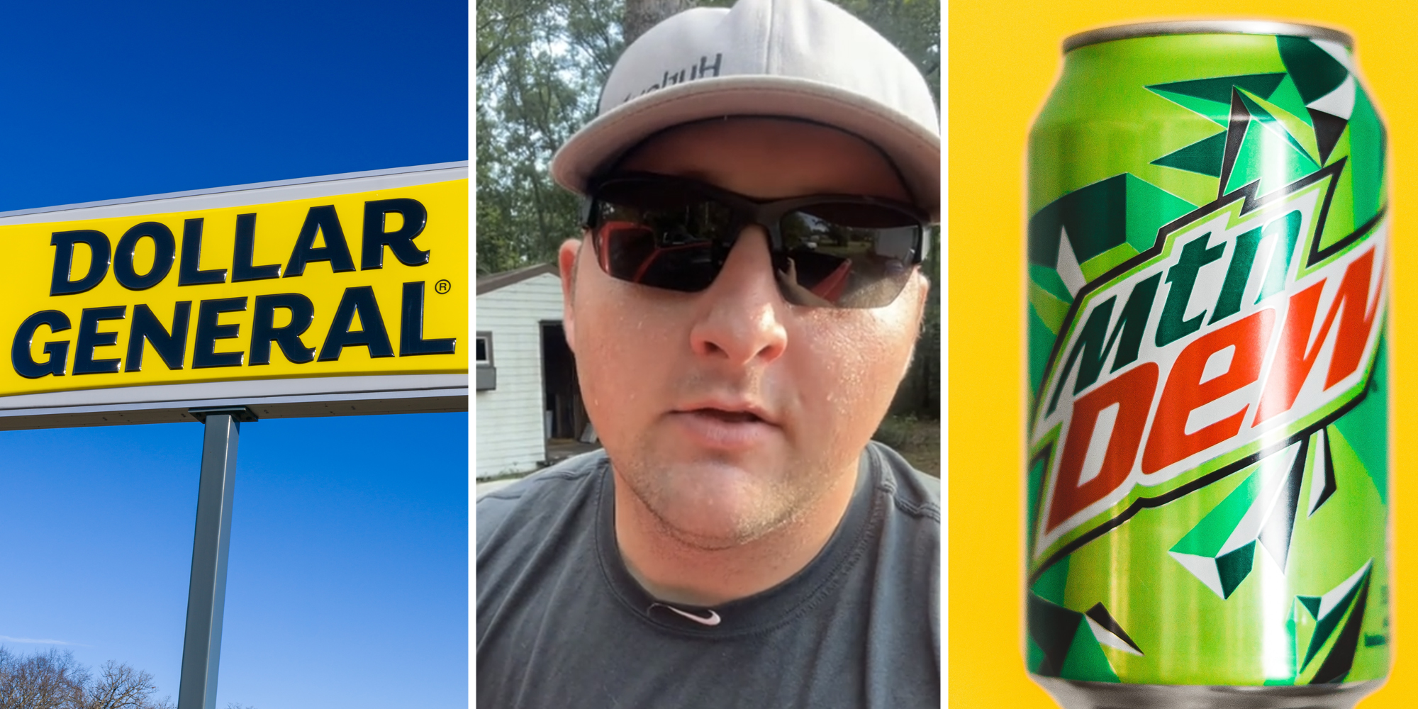 Dollar General(l), Man talking(c), Mountain Dew(r)