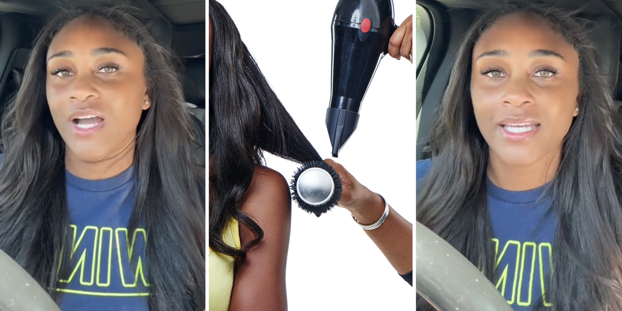 Woman talking(l+r), Hands blowing out hair(c)