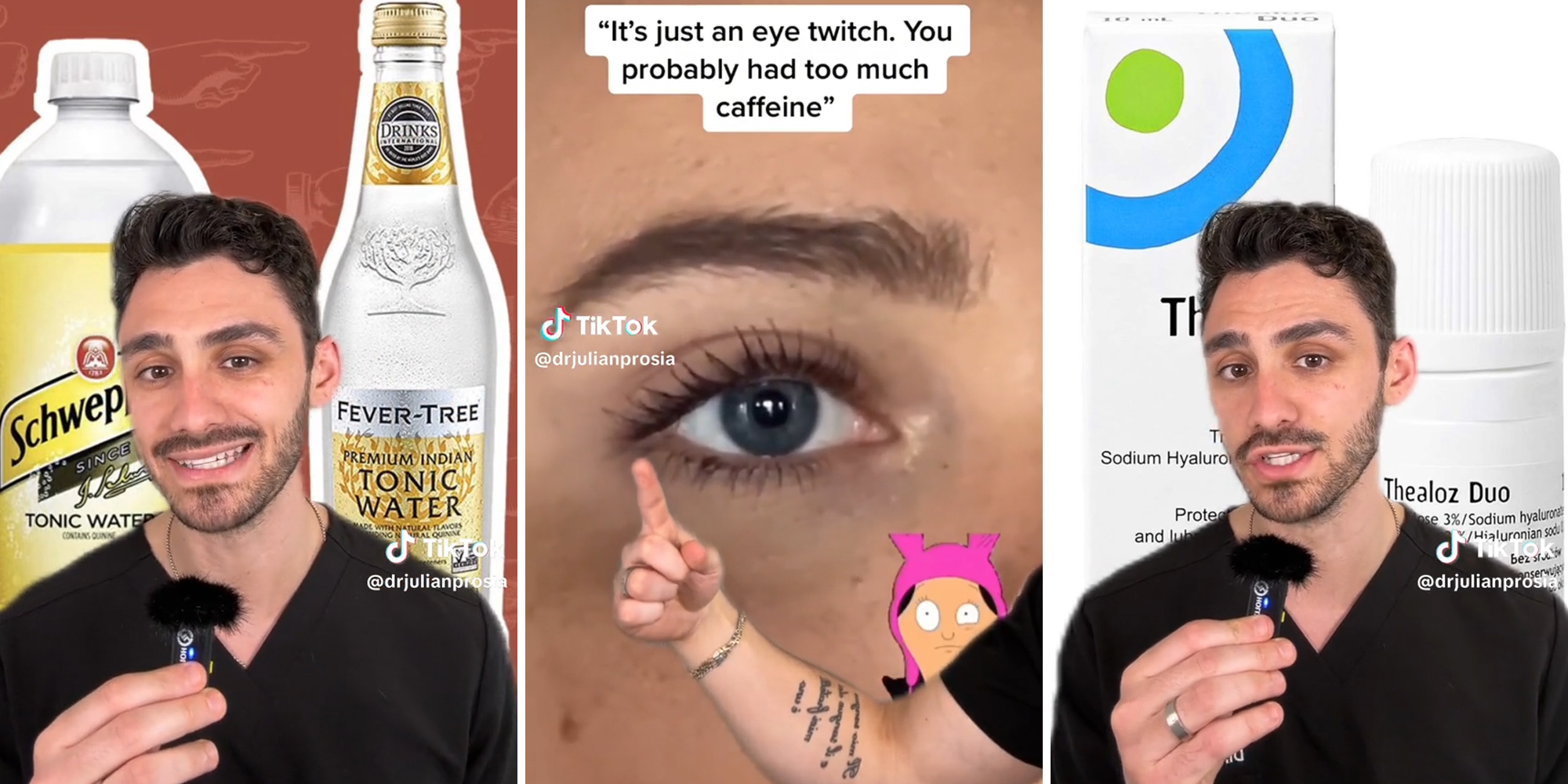 man holding mic in front of "schweppes tonic water" and "fever-tree tonic water" (l) man pointing at eye with caption "It's just an eye twitch. You probably had too much caffeine" (c) man with mic in front of Thealoz Duo package (r)