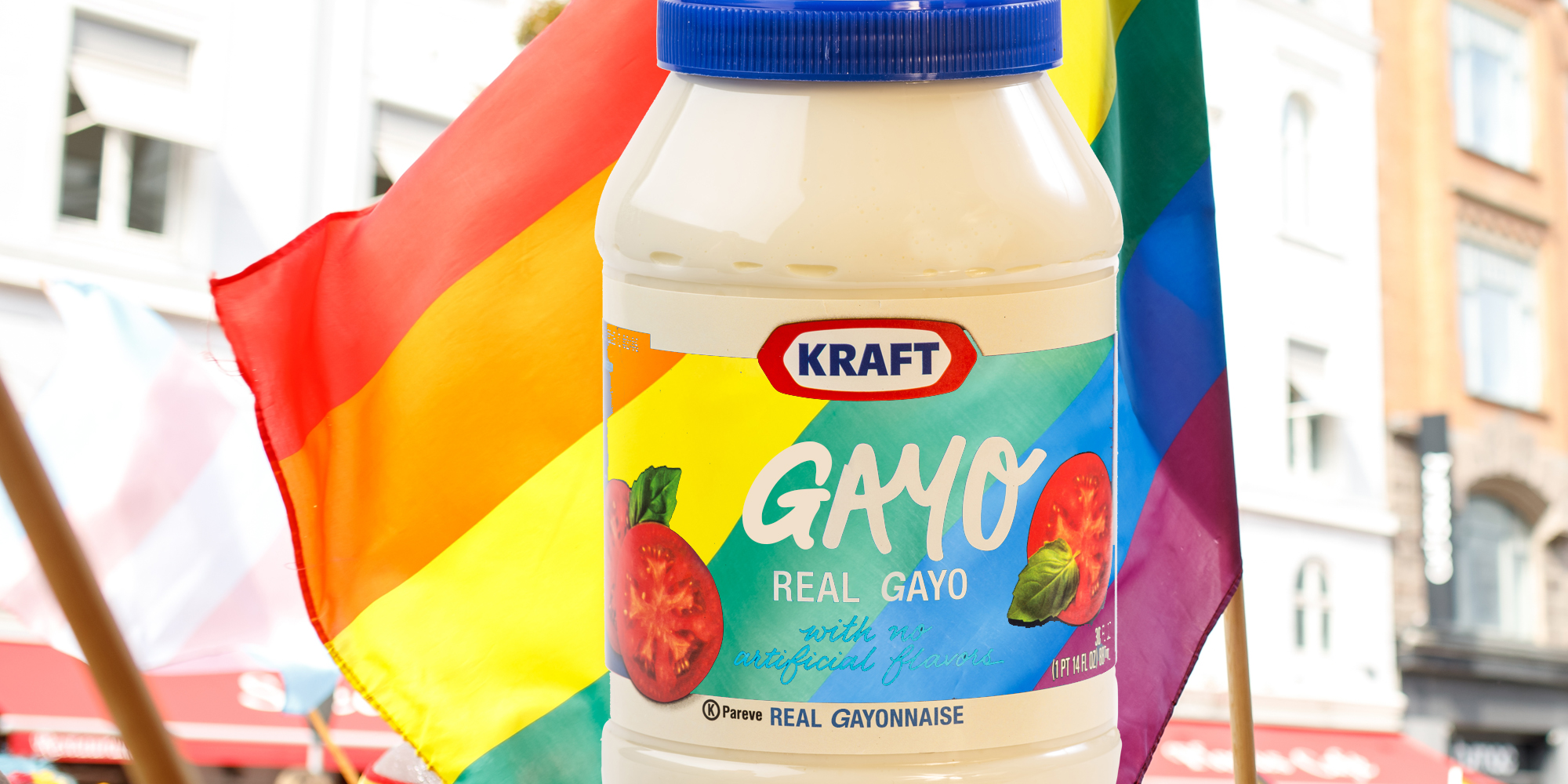 Photoshopped mayonnaise jar with gayo and pride flag