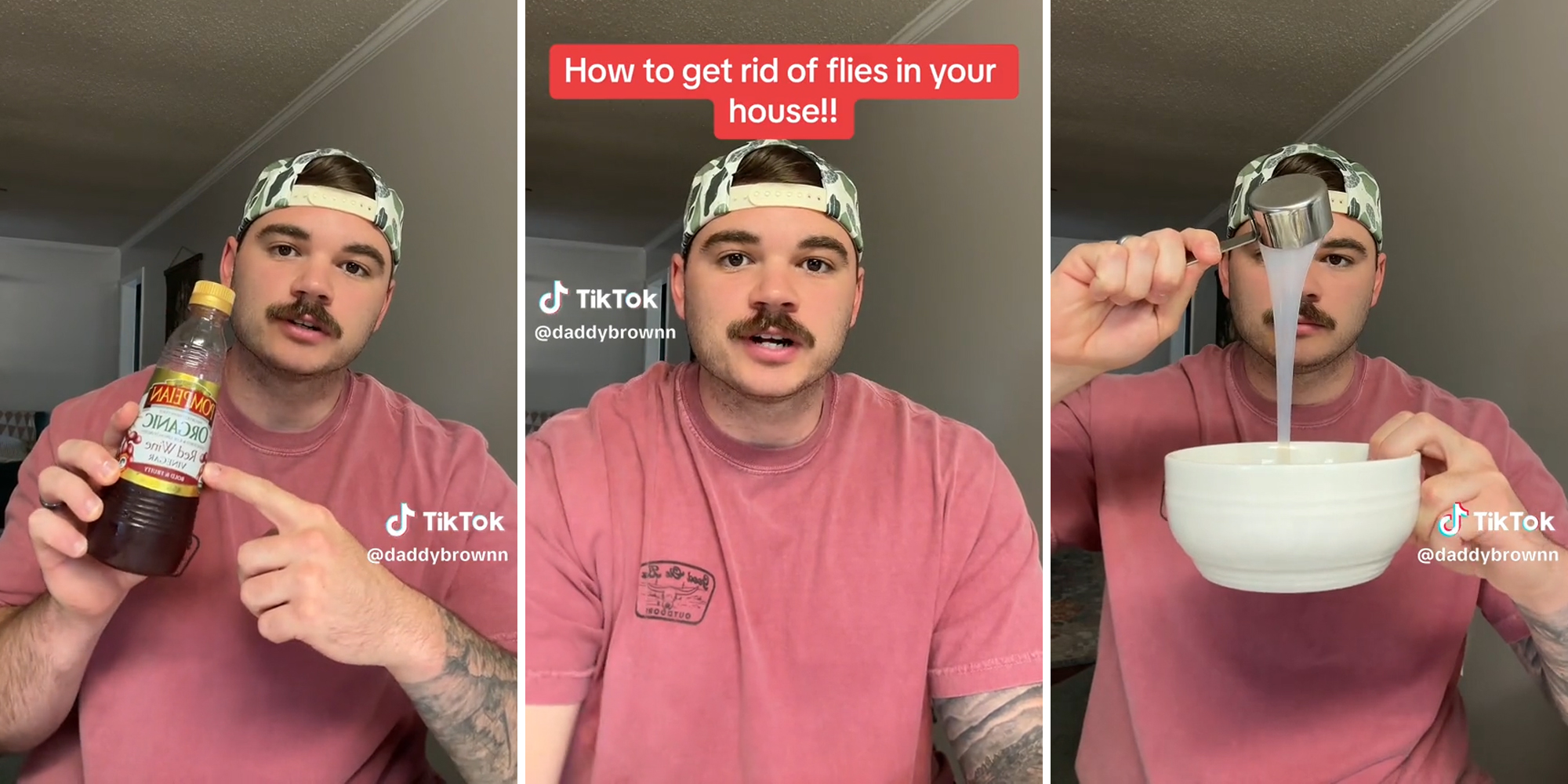 man mixing ingredients with caption "how to get rid of flies in your house!!"