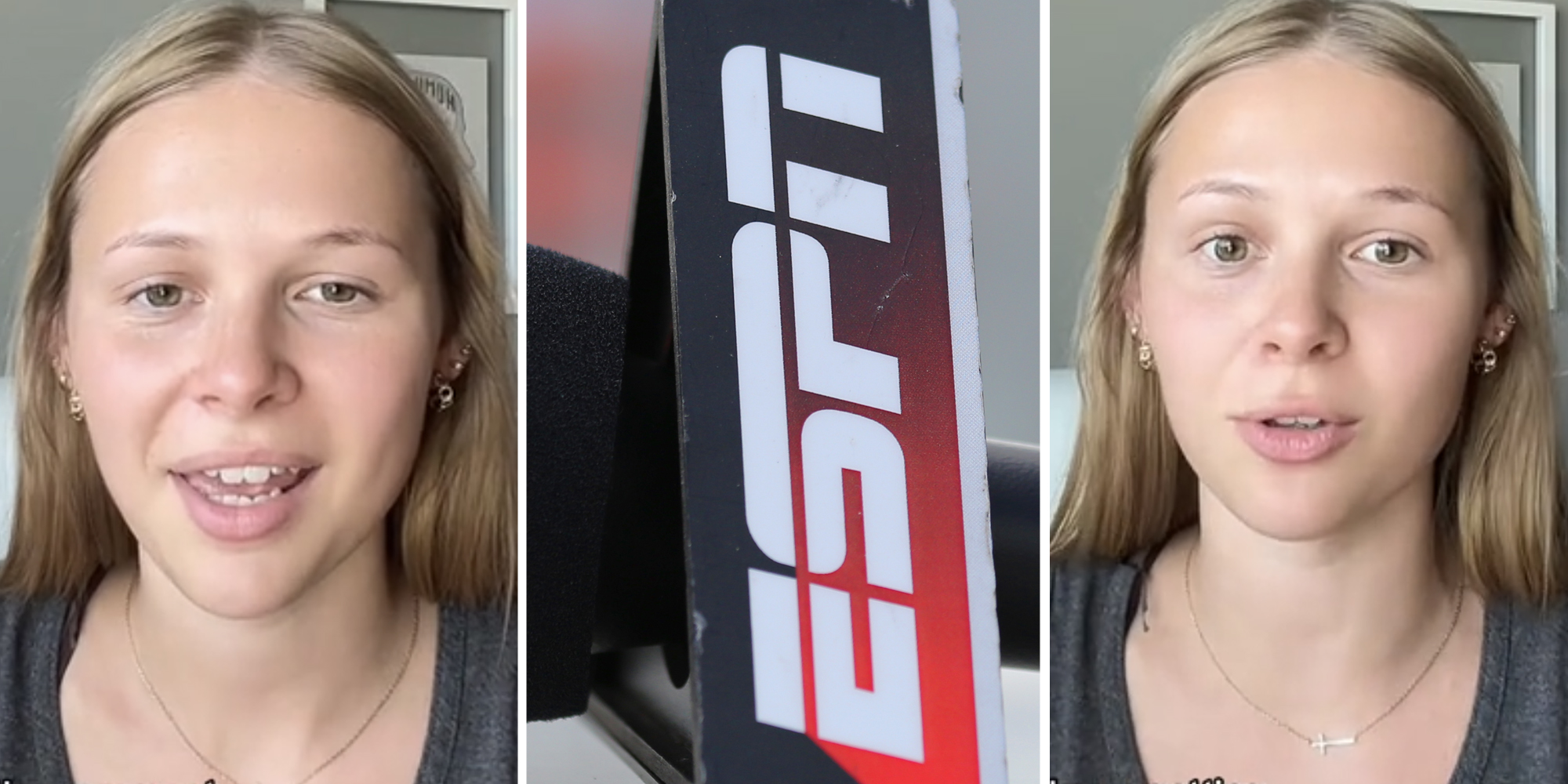 Girl talking(L+r), ESPN logo(c)