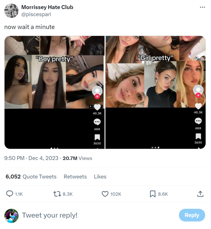 A tweet that says, "now wait a minute" followed by two screenshots from a TikTok comparing boy pretty and girl pretty, where all the "boy pretty" women have glam makeup and long black hair, while all the "girl pretty" women are the girl-next-door and blonde or light brown hair.