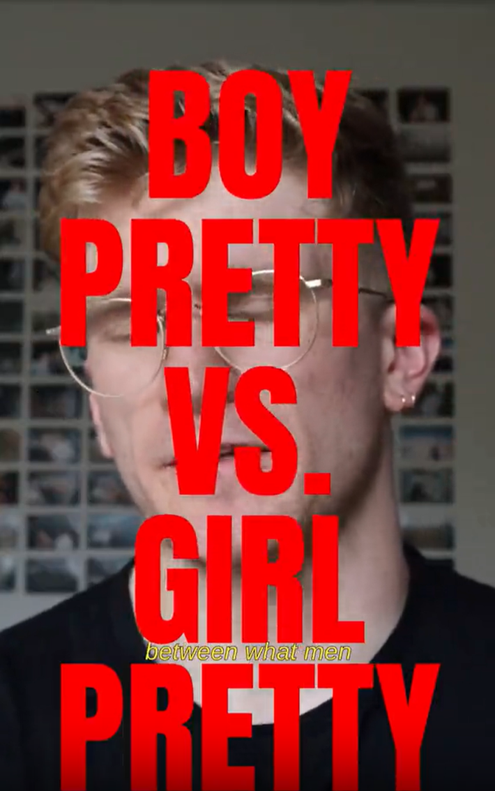Screenshot of a TikTok with a blond man in the background, with "BOY PRETTY VS. GIRL PRETTY" in huge font covering the screen.