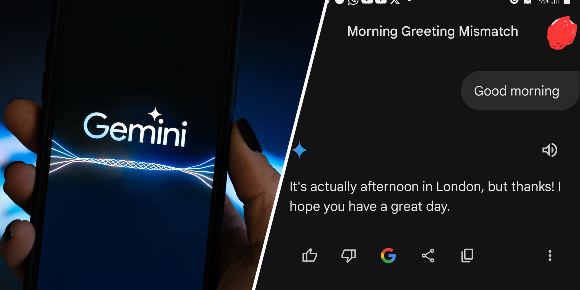Hand with phone of gemini app(l), Google gemini interaction(r)